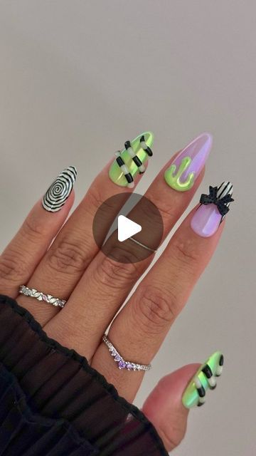 Daily Charme Official on Instagram: "Beetlejuice inspired nails but make it glazed & glow in the dark 💚🖤💜 Comment "BEETLEJUICE" for everything you need to create this look!   Save and share for inspo! ✨💅  #halloweennails #glowinthedarknails #beetlejuicenails #glazednails #spookynails #fallnails #diynails #nailtutorial #nailtrends #nailart  #nailinspo #halloweennails2024 #halloween2024" Halloween Glow In The Dark Nails, Bettle Juice Nail Ideas, Beetlejuice Nail Designs, Halloween Nails Beetlejuice, Beetlejuice Nail Art, Beetle Juice Nails, Beetlejuice Nails, Beatle Juice, Nail Polish Tutorial