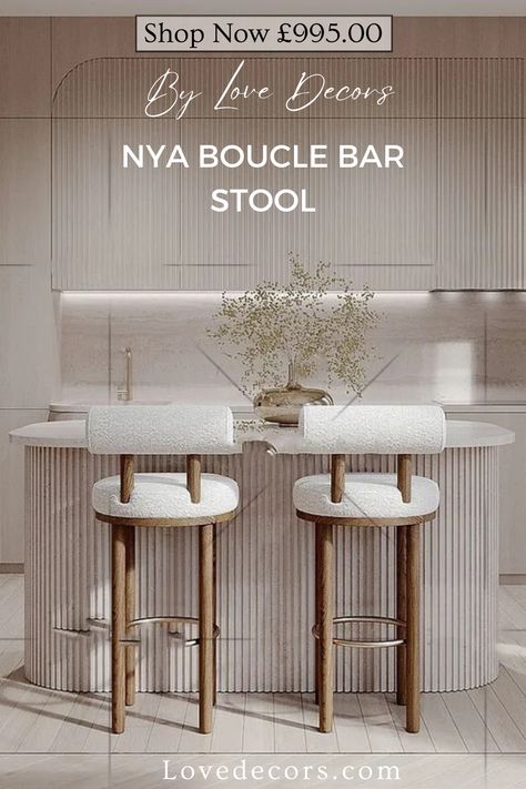 Elevate your dining experience with the Nya Boucle Bar Stool, a symbol of elegance, durability, and comfort. This bar stool not only adds a touch of sophistication to your space but also guarantees a seating experience that will make every meal memorable. The kitchen stool boasts boucle fabric that feels delicate and soft, providing both comfort and durability. #barstool #woodenbarstool #kitchenbarstool #counterstools #barstools Upholstered Kitchen Stools, Japandi Counter Stool, Boucle Counter Stool, Bar Seating In Kitchen, Barstools In Kitchen, Bar Stools Ideas, Boucle Bar Stool, Modern Bar Stools Kitchen, Seating In Kitchen