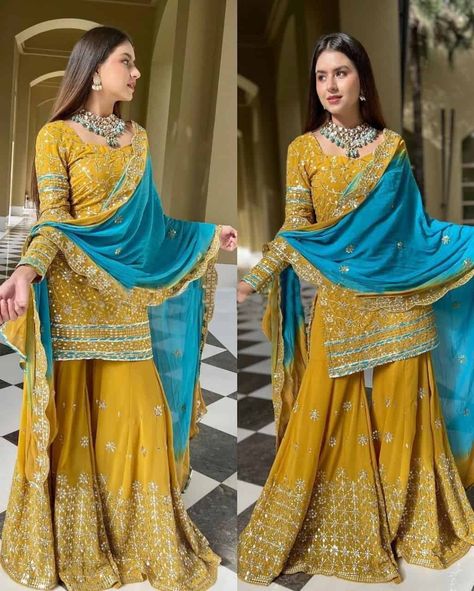 Yellow Sharara Suits, Punjabi Sharara Suits, Yellow Sharara, Sharara Designs, Function Dresses, Sharara Suits, Kurti Patterns, Punjabi Dress, Pakistani Fancy Dresses