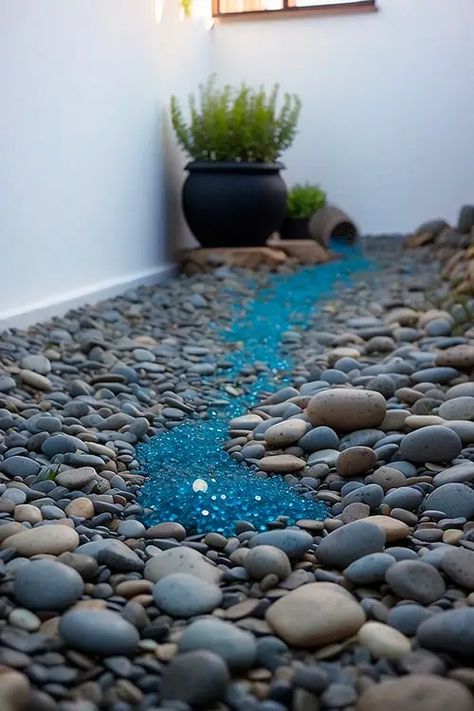 1.4.5-dry-river-bed-Blue-Serenity Dry Creek Bed Ideas, Diy Dry River Bed Landscaping Ideas, Landscape Rocks Beds, Rock River Bed Landscape Design, Hydrangeas And Hostas, Easy Diy Landscaping Ideas, River Bed Landscaping Ideas, Dry River Bed Landscaping, River Bed Landscaping