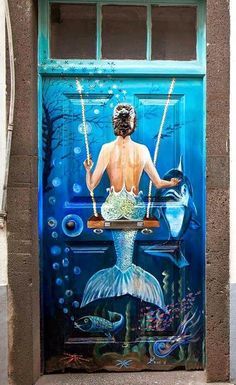 Mermaid painting on a door  | door | doors | door decorations |    https://steeltablelegs.com Farm Images, Green Tablecloth, Mermaid Painting, Mermaid Dreams, Deco Originale, Mermaid Life, Funchal, Beautiful Doors, Mermaid Art