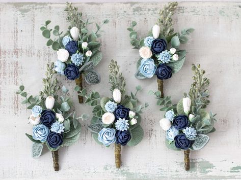 Dusty Blue Button Holes, Dusty Blue Buttoniere, Dark Blue Boutonniere, Dusty Blue Corsage And Boutonniere, Blue Boutonniere Wedding, Dusty Blue Boutonniere, Navy Boutonniere, White Flower Boutonniere, Wedding Flowers Blue