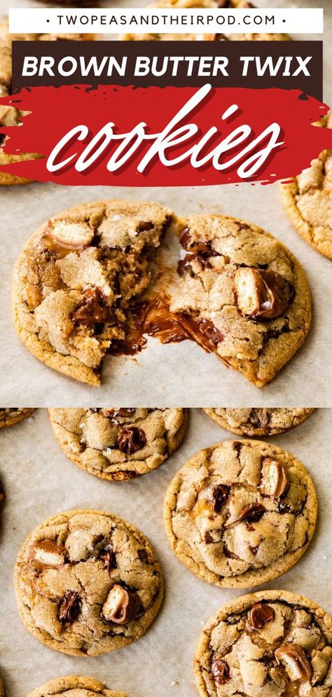 Brown Butter Twix Cookies, Christmas cookies, Christmas treats Brown Butter Candy Cookies, Twix Stuffed Cookies, Twix Bar Cookies, Twix Cookies Recipe, Twix Dessert Recipes, Twix Recipes, Twix Recipe, Twix Cookie, Twix Cake