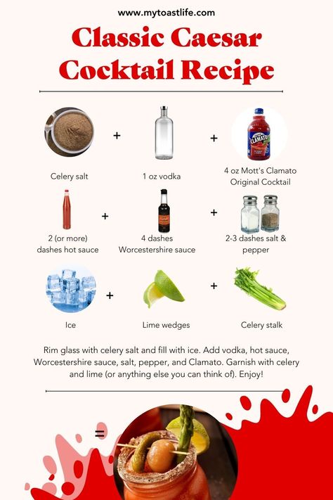 If you haven't tried a Caesar (or had one lately), you're missing out! Here's the recipe for the classic Caesar cocktail - the perfect beverage for Sunday brunch or summer patio drinks. Jazz yours up with fun garnishes like olives, pickles, strips of bacon, cocktail shrimp, or anything else you can think of! More fun cocktails here - click Read more! #caesars #cocktailrecipes #summerdrinks Ceaser Drink Recipe, Virgin Caesar Drink Recipe, Caesar Drink Recipe, Caesar Recipe Drink, Cesar Cocktail Recipe, Ceasar Drink Recipe, Caesar Bar, Caesar Drink Garnish, Cesar Drink Cocktails