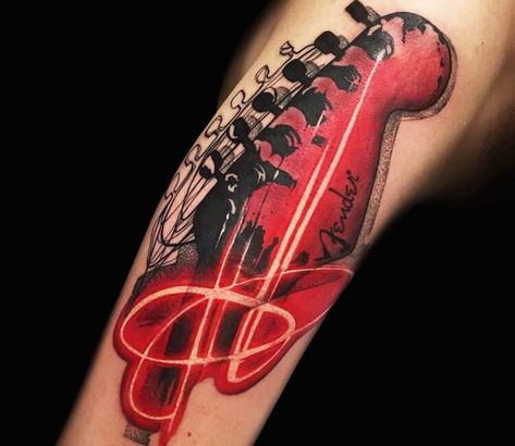 Red Guitar Tattoo, Guitar Pedal Tattoo, Guitar Tattoo Forearm, Memorial Guitar Tattoo, Guitar Pic Tattoo, Dad Memorial Tattoo, Tattoos For Dad Memorial, Dove Tattoos, Guitar Tattoo