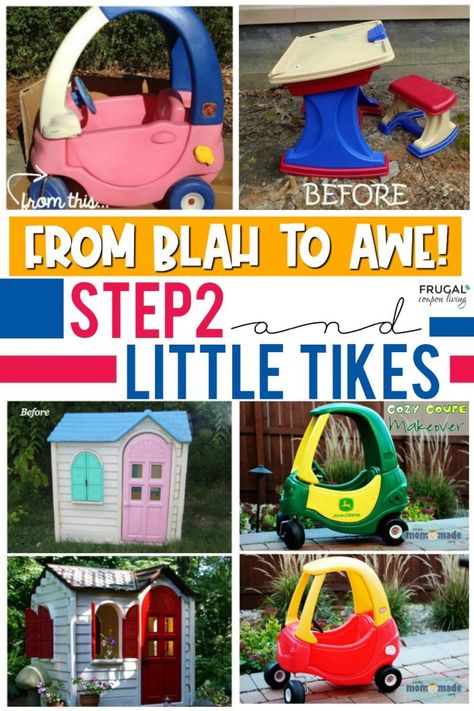 Little Tikes and Step2 Upcycle Ideas and Crafts. Recycle your old toys and turn them into creative new toys. Details on Frugal Coupon Living. #frugalcouponliving #step2toys #littletikes #step2 #upcycledtoys #upcycle #diytoys #toyideas #recycled Step 2 Car Makeover, Little Tikes Picnic Table Makeover, Plastic Playhouse Makeover, Little Tikes Playhouse Makeover, Little Tikes Makeover, Upcycled Toys, Toy Makeover, Picnic Table Makeover, Plastic Playground