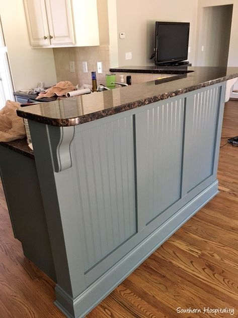 Adding Beadboard to the Bar - Southern Hospitality Beadboard Kitchen Island, Kitchen Renovation Diy Ideas, Beadboard Kitchen, Kitchen Island Makeover, Серая Кухня, Kitchen Diy Makeover, Diy Kitchen Renovation, Southern Hospitality, Kitchen Redo