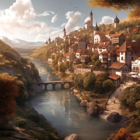 Fantasy Frontier Town, Fantasy Valley Town, Fantasy River Village, Riverside Village Fantasy Art, Kingdom Village Aesthetic, Medival Towns Cities, Fantasy River City, Fantasy River Town, Town Drawing