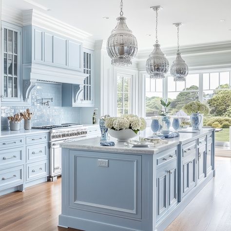 Beautiful Kitchen Layout, White Gold Blue Kitchen, Grandmillenial Style Kitchens, Coastal Kitchens 2024 Trends, Light Blue Kitchen Island, Cool House Ideas, Blue French Country Kitchen, Custom Kitchen Ideas, Tall Ceiling Kitchen