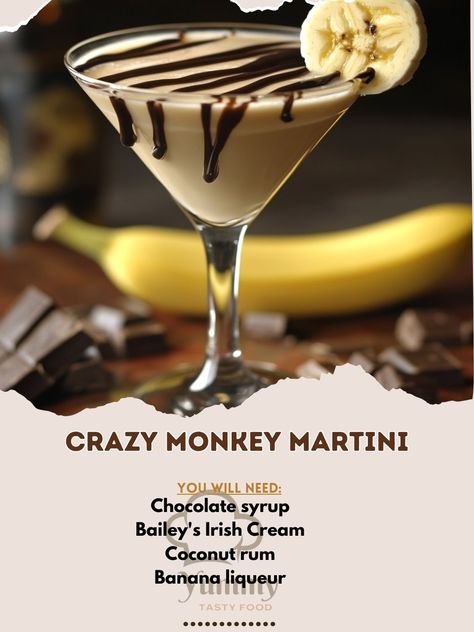 🍌 "Get wild with a Crazy Monkey Martini—creamy, tropical, and totally fun!" 🍹🐒 #MonkeyBusiness #TropicalVibes Crazy Monkey Martini Ingredients: Banana liqueur (1 oz) Coconut rum (1 oz) Bailey's Irish Cream (1 oz) Chocolate syrup (for garnish) Banana slice (for garnish) Ice cubes Instructions: Drizzle chocolate syrup inside a martini glass. Place the glass in the freezer to chill. In a shaker, combine banana liqueur, coconut rum, Bailey's, and ice. Shake well. Strain into the chilled glass... Crazy Monkey Martini, Banana Liqueur Drinks Cocktails, Banana Liqueur Drinks, Banana Liqueur, Crazy Monkey, Liqueur Drinks, Martini Ingredients, Martini Bar, Liqueurs Recipes