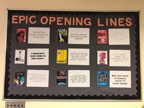 Bulletin Board Ideas For Middle School Hallways, Book Club Bulletin Board, Interactive Library Bulletin Boards, Book Display Ideas, Interactive Library, School Library Book Displays, Bookshelf Quilt, Librarian Ideas, Middle School Drama