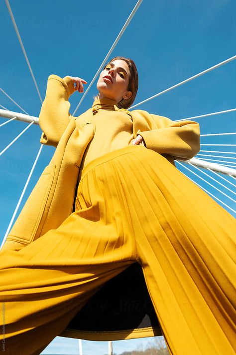 Yellow Tracksuit, Outdoor Fashion Photography, High Fashion Photoshoot, Yellow Portrait, White Architecture, Mode Editorials, Yellow Suit, Photoshoot Concept, Futuristic Fashion