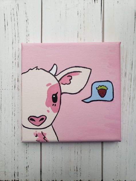 Strawberry Cow Painting, Painting Small Canvas, Strawberry Cow, Canvas Drawing, Small Canvas Paintings, Hippie Painting, Simple Canvas Paintings, Cute Canvas Paintings, Easy Canvas Art