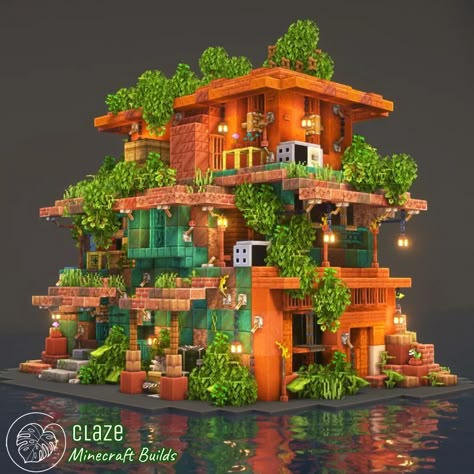 Minecraft Landscape Painting, Jungle Cabin Minecraft, Savannah Biome House Minecraft, Elevated Minecraft House, Mc Jungle Builds, Jungle Wood Pallet Minecraft, Minecraft Building Ideas Jungle, Solarpunk Minecraft Builds, Minecraft Colorful Builds