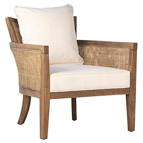 Katerine Coastal Brown Oak Wood White Upholstered Seat Back Occasional Chair Wood Frame Arm Chair, Rattan Decor, Dovetail Furniture, Natural Oak Wood, Oak Armchair, Vintage Photo Frames, Laguna Niguel, Capiz Shell, Occasional Chair