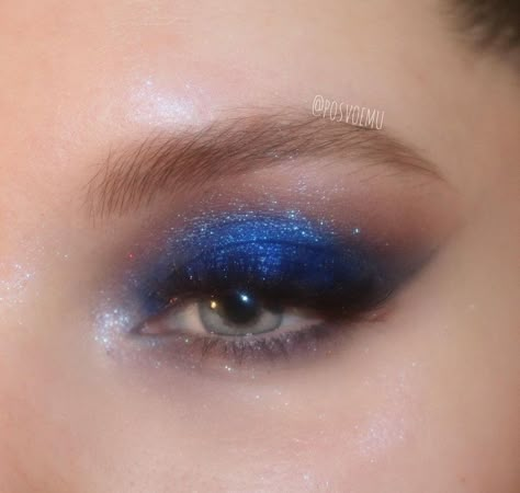 Hooded Eye Blue Eyeshadow, Bold Formal Makeup, Sparkle Glam Makeup, Formal Makeup For Hooded Eyes, Sparkly Blue Eyeshadow, Blue Formal Makeup, Midnight Blue Makeup, Silver Liner, Sparkly Makeup