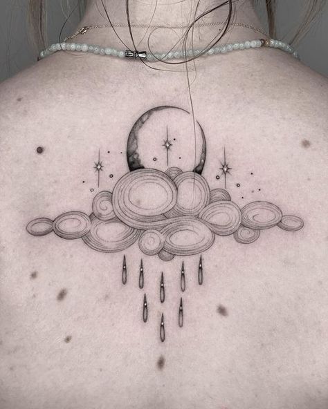 Storm Moon Tattoo, Rainy Tattoo Ideas, Night Rain Tattoo, Rainy Day Tattoo Ideas, Clouds Back Tattoo, Moon And Rain Tattoo, Sweater Weather Tattoo, Cloud And Rain Tattoo, Rainy Cloud Tattoo