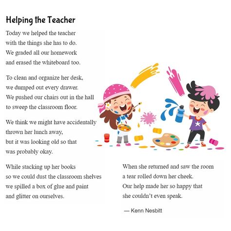 New funny poem for kids: "Helping the Teacher" https://poetry4kids.com/poems/helping-the-teacher/ #schoolpoetry #helpinghands #childhelpers #poetry4kids Funny Poems About School, Funny Kids Poems, English Poems For Recitation, Funny Poems For Kids, Poetic Techniques, Silly Poems, English Poems For Kids, Teacher Poems, Poems About School