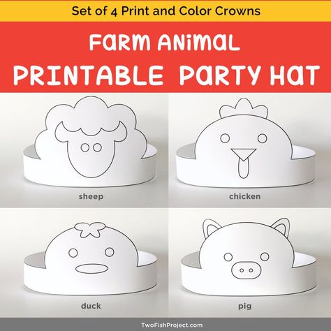 Animal Party Hats, Masks Kids, Coloring Mask, Farm Animal Party, Printable Masks, Barnyard Party, Farm Crafts, Paper Crowns, Birthday Party Hats