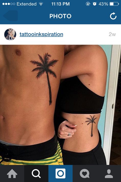 C Small Beach Tattoos, Hawaii Tattoos, Palm Tattoos, Tree Tattoo Designs, Palm Tree Tattoo, Beach Tattoo, Matching Couple Tattoos, Matching Tattoo, Rib Tattoo