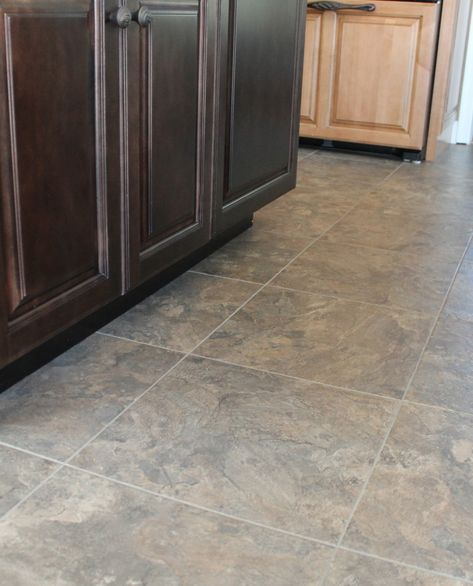 Groutable Vinyl Tile Kitchen, Vct Tile Kitchen Floor, Kitchen Vinyl Flooring Tile, Gray Kitchen Flooring Ideas Laminate, Laminate Flooring Tile Look, Vinyl Flooring Stone Look, Tile Look Laminate Flooring, Lvt Stone Flooring Kitchen, Laminate Flooring That Looks Like Tile