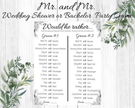 Wedding Shower Games For Men, Would He Rather, Bachelor Party Games, Two Grooms, Games For Men, Game Wedding, Wedding Shower Games, Drinking Party, Lgbtq Wedding