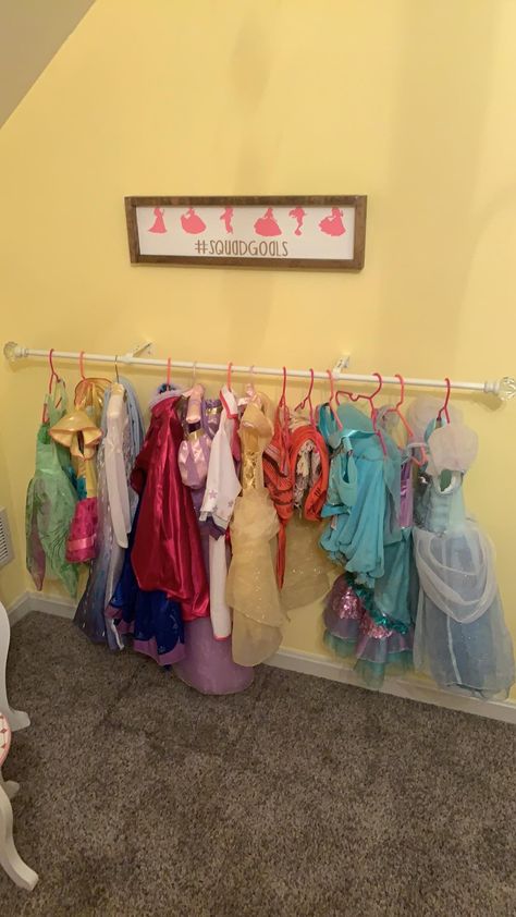 Hang Princess Dresses, Dress Display, Yellow Bedroom, Kids Bedrooms, Princess Dresses, Squad Goals, Curtain Rod, Shop Signs, Curtain Rods