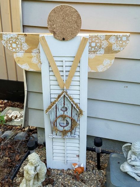 Shutter Angel yard art Shutter Garden Angel, Spring Shutter Ideas, Garden Angels Diy Yard Art, Shutter Angel, Shutters Repurposed Decor, Wooden Angels, Shutter Ideas, Shutter Projects, Rustic Shutters