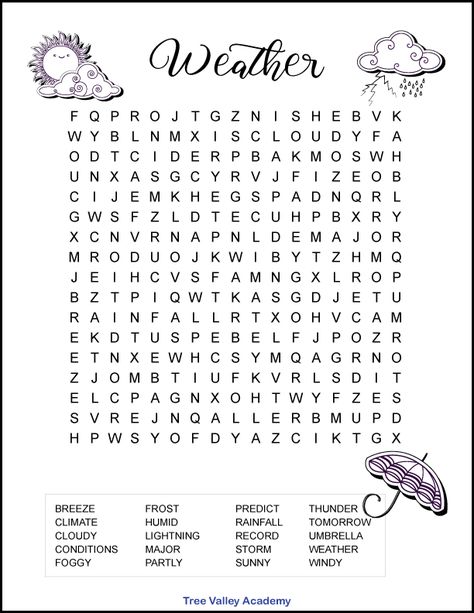 A free printable weather word search for kids with 20 hidden words for kids to find and circle. Medium difficulty level with most words at a grade 5 spelling level. Would make a great supplement to any weather unit. Pdf includes an answer page. Weather Word Search, Fifth Grade Science, 5th Grade Spelling Words, Weather Science Activities, Science Word Search, 5th Grade Spelling, Weather Unit Study, Word Puzzles For Kids, 3rd Grade Words