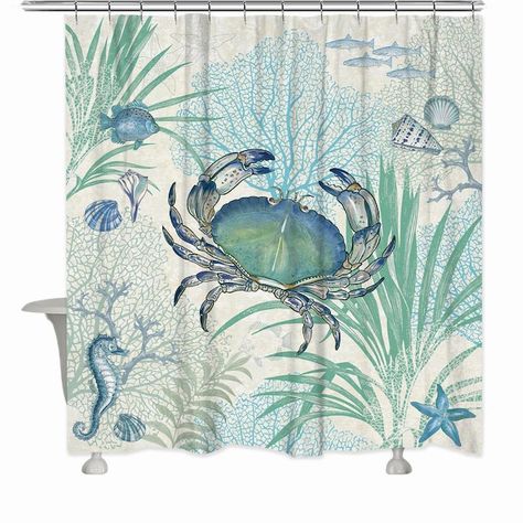 Laural Home 72-in Polyester Multi Color/Polyester Pictorial Shower Curtain in the Shower Curtains & Liners department at Lowes.com Coastal Shower Curtain, Coastal Bedding, Beach Shower, Seaside Style, Blue Crab, Beach Bathrooms, Curtain Material, Fabric Shower Curtains, Beach Themed