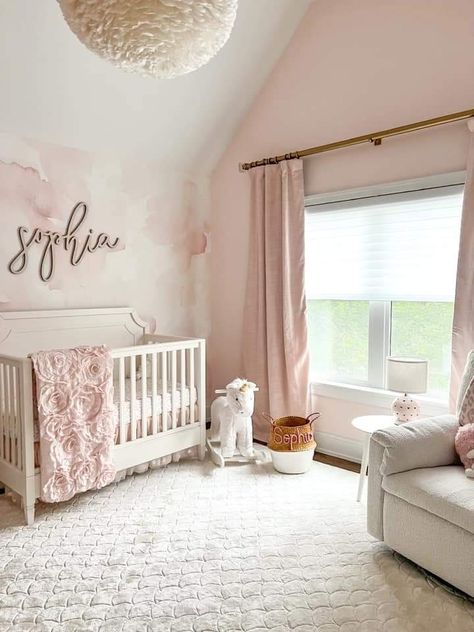 Baby Pink Nursery Ideas, Baby Girl Nursery Pink And White, Pink Nursery Aesthetic, Pale Pink Nursery, Pink Nursery Ideas, Girly Nursery Ideas, Light Pink Nursery, Pink Girl Nursery, Pink Nursery Room