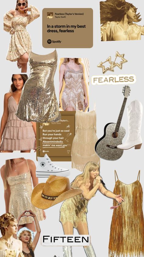 Fearless era outfit inspo!! #beauty #outfitinspo #fearless #taylorswift Ts Fearless Era, Fearless Costume Taylor Swift, Eras Outfits Fearless, Fearless Taylor Swift Costume, Era Tour Outfits Fearless, Taylor Fearless Outfits, Taylor Swift Album Outfits Fearless, Eras Fearless Outfits, Fearless Dress Taylor Swift