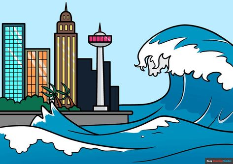 Learn How to Draw a Tsunami: Easy Step-by-Step Drawing Tutorial for Kids and Beginners. See the full tutorial at https://easydrawingguides.com/how-to-draw-a-tsunami/ . Tsunami Drawing Easy, Poster Tsunami, Natural Disasters Drawing, Disasters Drawing, Tsunami Aesthetic, Tsunami Illustration, Tsunami Drawing, Disaster Drawing, Tsunami Pictures