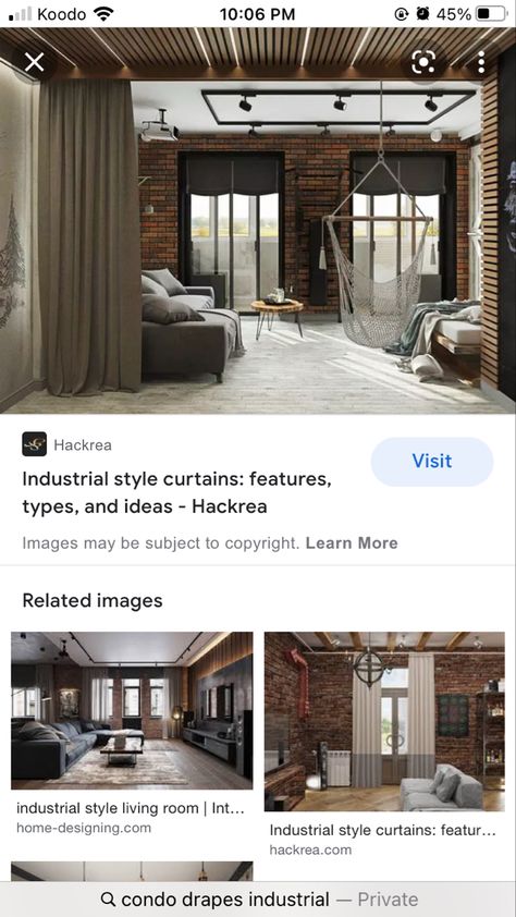 Industrial Style Curtains Living Room, Industrial Living Room Curtains, Condo Modern, Canvas Curtains, Industrial Style Living Room, Grey Blinds, Living Room Tv Unit, Industrial Livingroom, Industrial Loft