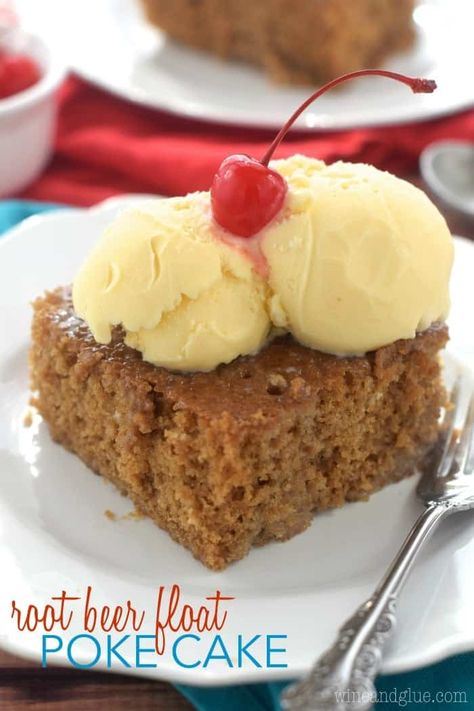 Root Beer Float Poke Cake - Simple Joy Cake Poke, Coconut Poke Cakes, Banana Pudding Poke Cake, Beer Float, Poke Cake Recipes, Vanilla Cake Mixes, Poke Cakes, Root Beer Float, Delicious Cake Recipes