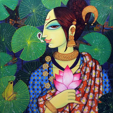 Bring home Mrinalini - a unique piece of art by the most loved Varsha Kharatmal. Find the art you love on Artflute.com. Rajasthani Art, Face Artwork, Eyes Artwork, Acrylic Artists, Madhubani Art, Indian Folk Art, Madhubani Painting, Indian Paintings, Indian Art Paintings