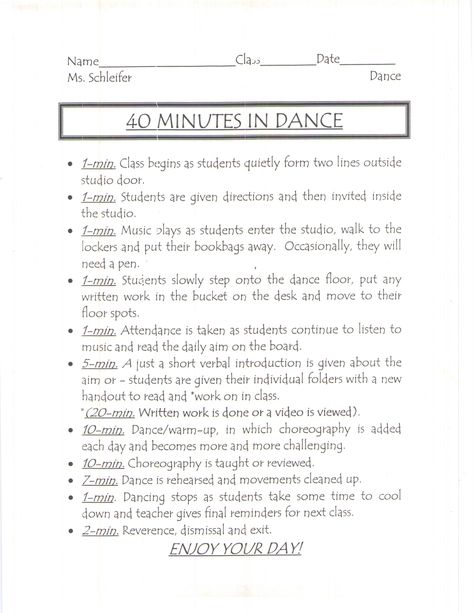 "40 MINUTES IN DANCE" - How to teach a dance class in a 40 minute school period...go! Dance Class For Beginners, First Day Of Dance Class Ideas, Dance Class Worksheets, Dance Class Ideas, Dance Worksheets, Dance Vocabulary, Dance Class Schedule, Dance Class Games, Dance Teacher Lesson Plans