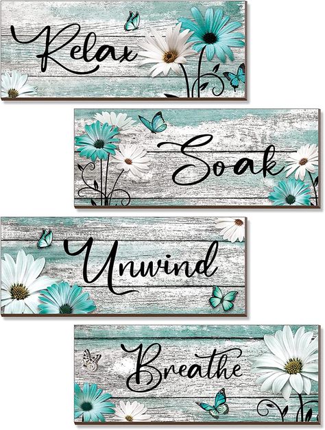 Sunnyray 4 Pieces Farmhouse Bathroom Wall Decor Sign Teal Daisy Floral Flowers and Butterfly Bathroom Wall Art Blue Relax Soak Unwind Breathe Rustic Wood Plaque for Home Spa Laundry, 10 x 4 Inch Country Blue Bathroom Ideas, Dark Teal Bathroom Decor, Teal Bathroom Ideas Decor, Blue Bathroom Wall Decor, Hobby Lobby Farmhouse Decor Living Room, Bathroom Flower Decor, Farmhouse Bathroom Wall Decor, Vintage Farmhouse Bathroom, Blue Bathroom Walls