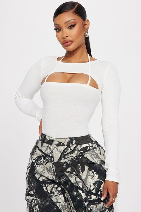 Available In White And Black. Bodysuit Crew Neck Long Sleeve Cut Out Detail Cheeky Bottom Snap Button Closure Ribbed Stretch Final Sale 95% Polyester 5% Spandex Imported | Just Another Day Bodysuit in White size Large by Fashion Nova White High-waist Bodysuit For Night Out, White Bodysuit Outfit, Fashion Nova Sweaters, Yodit Yemane, Fashion Nova Long Sleeve Tops, Swag Fits, Fashion Nova Bodysuit, Fashion Nova Jumpsuit, Woman Outfit