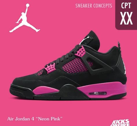 Hot Pink Jordans 4s, Pink Thunder Jordan 4, Jordan 4’s Pink, Black And Pink Jordans, Pink 4s, Jordan 4 Retro Pink, Y2k Jordans, Black And Pink Shoes, Pink And Black Shoes