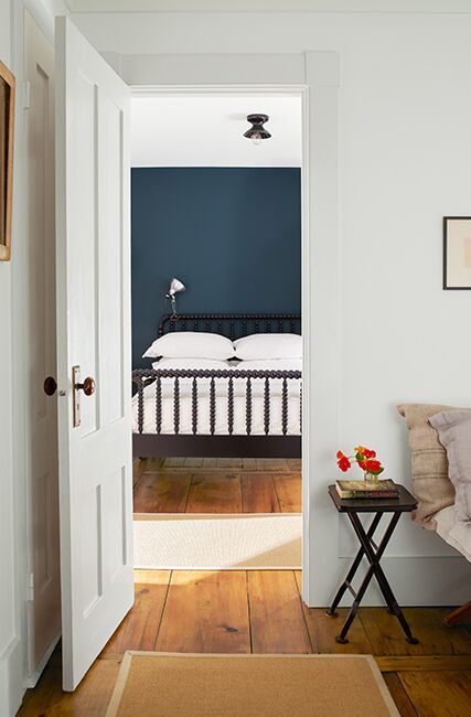 Benjamin Moore Deep Space, Black Spindle Bed, Cloud Cover Benjamin Moore, New England Bedroom, Color Palette Benjamin Moore, Dark Blue Bedroom, Benjamin Moore Blue, Dark Blue Bedrooms, Behr Colors