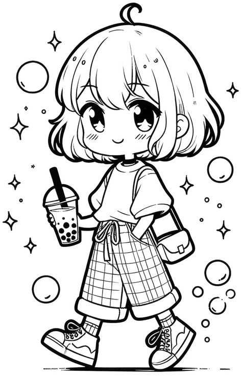 Not Colored Drawings, Cute Drawings Coloring Page, Colouring Page For Adults, Cute Coloring Pages Kawaii, Bubble Tea Coloring Page, Kawaii Coloring Pages Anime, Coloring Book Art Ideas, Anime Coloring Pages Easy, Cute Coloring Pages Easy