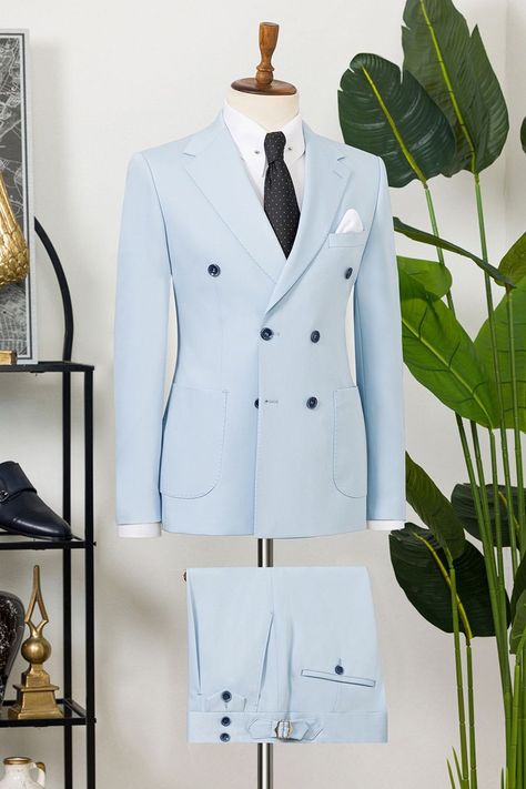 Embrace elegance and flair with the Sky-Blue Double Breasted Suit 2-Piece. This suit’s striking color and tailored fit are designed to make a memorable statement at any formal affair.  #skybluesuit #doublebreastedsuit #modernmenswear #elegantstyle #mensfashion #sophisticatedlook #fashionforward #tailoredsuit #formalwear #standoutstyle Sky Blue Suit, Bow Tie Suit, Modern Fit Suit, Suit Stores, Suit Styles, Slim Fit Suit Men, Tuxedo Blazer, Slim Fit Suits, Fitted Suit