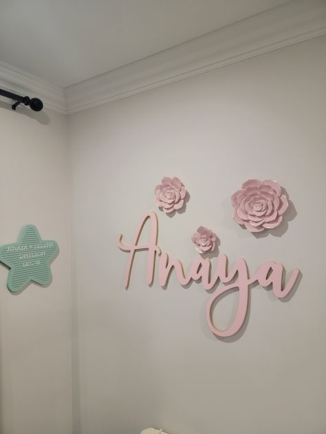 A photo of a beautiful nursery room with a pink name sign "Anaya" Father Daughter Love Quotes, Nursery Room Wall Decor, Nursery Room Ideas, Custom Nursery Sign, Sign Inspiration, Father And Daughter Love, Baby Girl Name, Wood Nursery, Pink Names