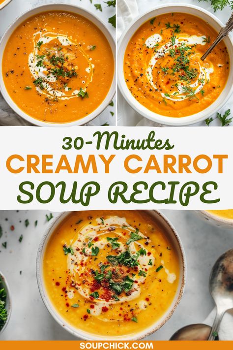 Silky Smooth Creamy Carrot Soup Recipe Soup Recipes Carrot, Creamy Carrot Soup Recipes, Simple Soup Recipes Quick, Cream Based Soup Recipes, Healthy Creamy Soup, Carrot And Celery Soup, Carrot Potato Soup, Cream Based Soups, Creamy Carrot Soup