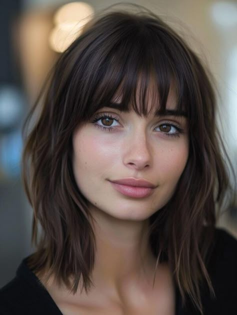 Explore Top Haircuts with Bangs: Bob, Lob, and Shag Styles Lob Outfits, Long Bob Haircuts With Fringe, Medium Choppy Bob With Bangs, Fringe Bangs With Short Hair, Bob And Bangs Hairstyles, Long Bob Hairstyles With Fringe, Long Lob Haircut With Bangs, Shag Lob Haircut, Medium Cut With Bangs