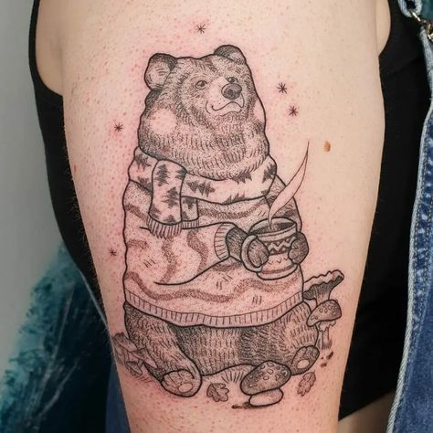 Traditional Bear Tattoo, Camping Tattoo, Wizard Tattoo, Floral Back Tattoos, Care Bear Tattoos, Baby Tattoo Designs, Bear Tattoo Designs, Cup Tattoo, Horoscope Tattoos