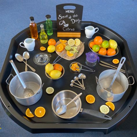 Sensory Trays For Preschool, Curiosity Tuff Tray, Senses Tuff Tray Ideas, Healthy Eating Tuff Tray Ideas, Hot Coco Sensory Table, Citrus Sensory Play, Non Messy Tuff Tray Ideas, Food Provocations, Food Eyfs Activities