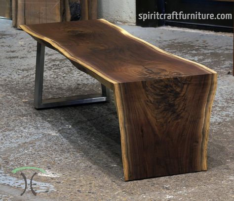 Live Edge Waterfall Dining Table, Wood Waterfall Coffee Table, Wood Waterfall, Stainless Table, Live Edge Table Tops, Desk Idea, Wood Slab Table, Wood Table Design, Live Edge Furniture