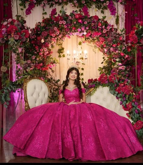 Hot Pink Quince, Lace Quinceanera Dresses, Pink Quinceanera Dresses, Vestido Charro, Birthday Gowns, Xv Dresses, Gown Birthday, Quince Themes, Quinceanera Pink